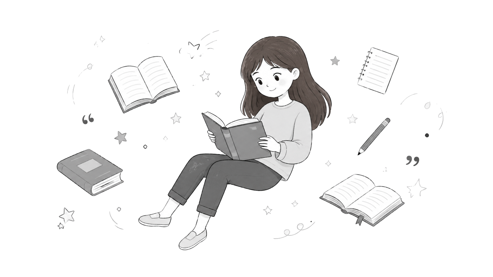 Menina lendo um livro, cercada por livros e estrelas